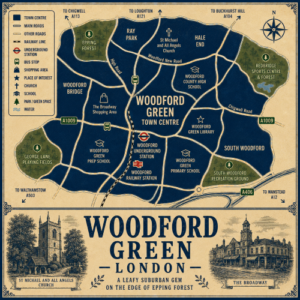 Mortgage Broker in Woodford Green Vintage illustrated map poster of Woodford Green, London, with a cream parchment background and dark navy neighbourhood areas centred on Woodford Green Town Centre. The map shows labelled roads, railway line, Woodford Underground Station, bus stops, schools, churches, parks, green spaces and nearby forest areas. Surrounding areas include Woodford Bridge, Ray Park, Hale End, South Woodford and Chigwell Road. Key landmarks include The Broadway Shopping Area, Woodford Green Library, St Michael and All Angels Church, Woodford County High School, Woodford Green Primary School, Woodford Green Prep School, George Lane Playing Fields, South Woodford Recreation Ground, Epping Forest and Redbridge Sports Centre. A decorative lower panel reads “WOODFORD GREEN, LONDON” with engraved-style illustrations of St Michael and All Angels Church and The Broadway, plus the subtitle “A leafy suburban gem on the edge of Epping Forest.”