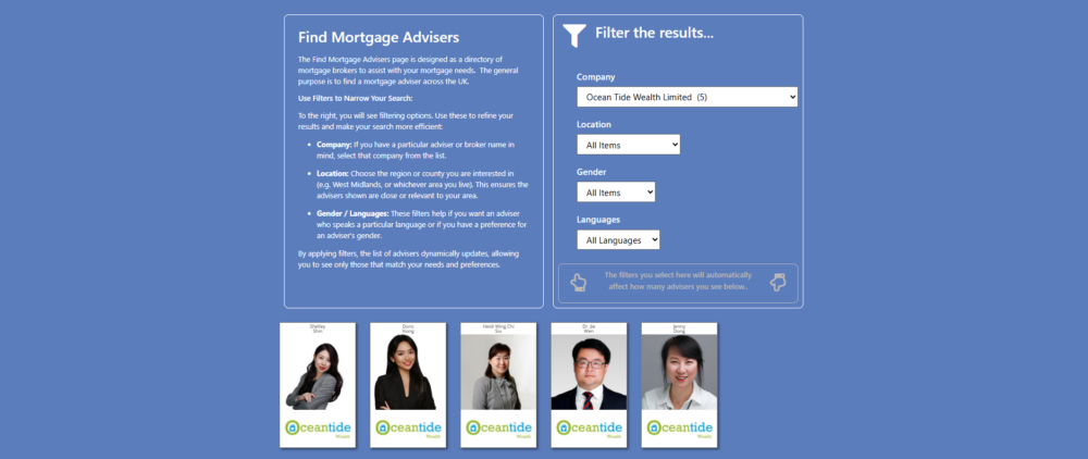 Ocean Tide Wealth Experts Find Mortgage Advisers page showing the Ocean Tide Wealth Limited company filter selected, with filter options for location, gender and language, and five Ocean Tide Wealth adviser profile cards displayed below.