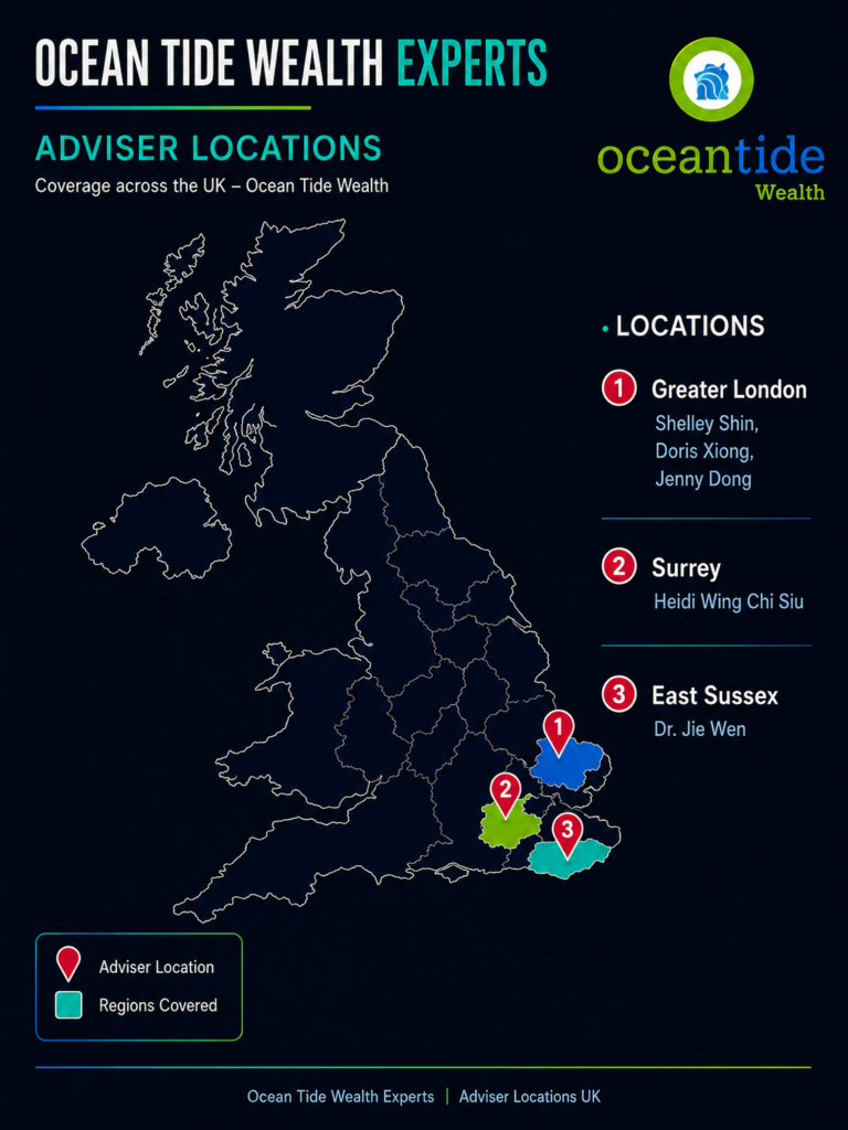 Ocean Tide Wealth Experts Ocean Tide Wealth Experts adviser locations infographic showing a UK map with highlighted regions for Greater London, Surrey and East Sussex, numbered adviser pins, the Ocean Tide Wealth logo, and a locations list naming Shelley Shin, Doris Xiong, Jenny Dong, Heidi Wing Chi Siu and Dr. Jie Wen.