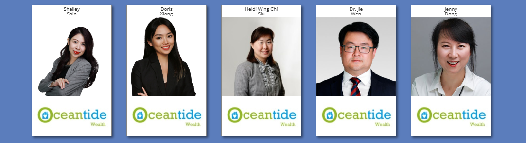 Ocean Tide Wealth Experts Ocean Tide Wealth adviser profile cards showing Shelley Shin, Doris Xiong, Heidi Wing Chi Siu, Dr. Jie Wen and Jenny Dong, each with a headshot and the Ocean Tide Wealth logo.