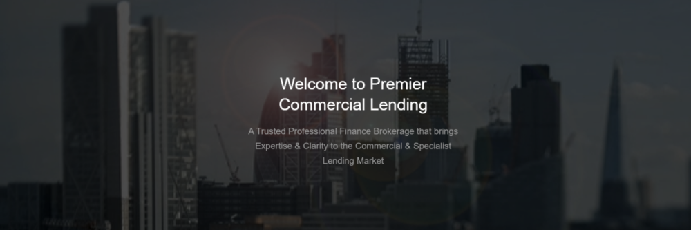 Premier Commercial Lending Experts Premier Commercial Lending Experts hero banner showing a dark city skyline with finance brokerage messaging focused on expertise and clarity in commercial and specialist lending.