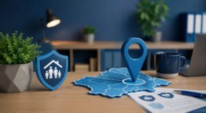 Protection Adviser in Milton Keynes represented by a location pin and protection shield in a professional dark blue and light blue office setting.