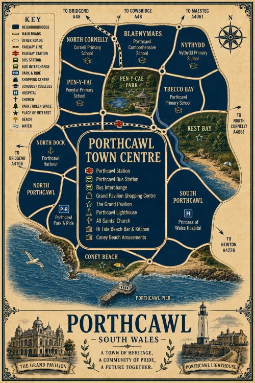 Protection Broker in Porthcawl Vintage illustrated map poster of Porthcawl, South Wales, with a cream parchment background and dark navy neighbourhood areas centred on Porthcawl Town Centre. The map shows labelled roads, railway line, Porthcawl Station, bus station, bus interchange, park and ride, shopping centre, schools, hospital, churches, parks, beaches and coastal waters. Surrounding areas include North Cornelly, Pen-y-Fai, Blaenymaes, Trecco Bay, Rest Bay, South Porthcawl, Coney Beach, North Porthcawl and North Dock. Key landmarks include The Grand Pavilion, Porthcawl Lighthouse, Porthcawl Harbour, Porthcawl Pier, All Saints’ Church, Hi Tide Beach Bar and Kitchen, Coney Beach Amusements, Pen-y-Cae Park and Rest Bay. A decorative lower panel reads “PORTHCAWL, SOUTH WALES” with engraved-style illustrations of The Grand Pavilion and Porthcawl Lighthouse, plus the subtitle “A town of heritage, a community of pride, a future together.” Protection Broker in Porthcawl