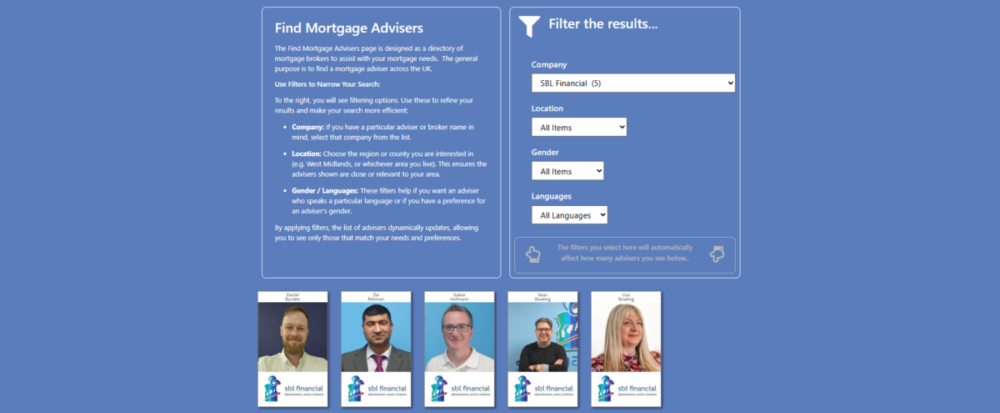SBL Financial Experts Find Mortgage Advisers page showing the SBL Financial company filter selected, with filter options for location, gender and language, and five SBL Financial adviser profile cards displayed below. SBL Financial Experts