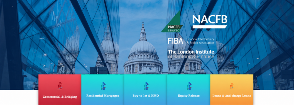 SBL Financial Experts SBL Financial website banner showing a blue-toned London financial district background with NACFB, FIBA and London Institute of Banking & Finance logos, above service cards for Commercial & Bridging, Residential Mortgages, Buy-to-let & HMO, Equity Release and Loans & 2nd charge Loans.