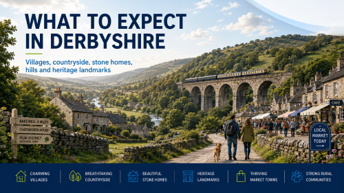 What to expect in Derbyshire infographic showing a countryside village, historic viaduct, transport links, housing, education, attractions and local lifestyle highlights. Why Move to Derbyshire