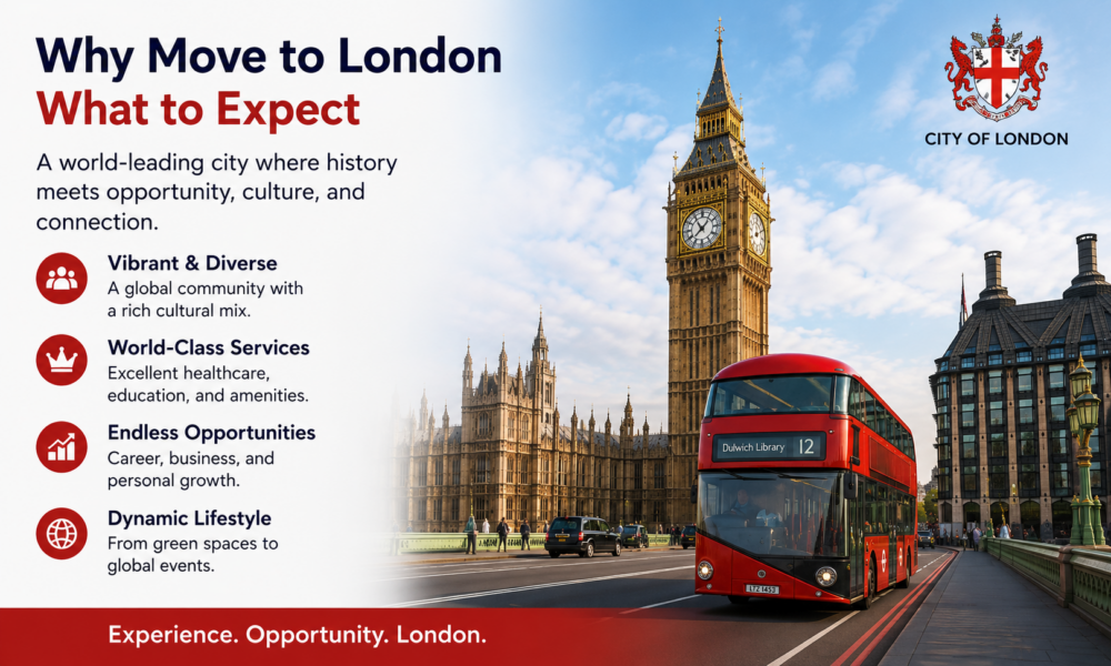 “Why Move to London guide highlighting what to expect when living in London, featuring Big Ben, a red double-decker bus, diverse communities, world-class services, career opportunities, and London’s dynamic city lifestyle.”