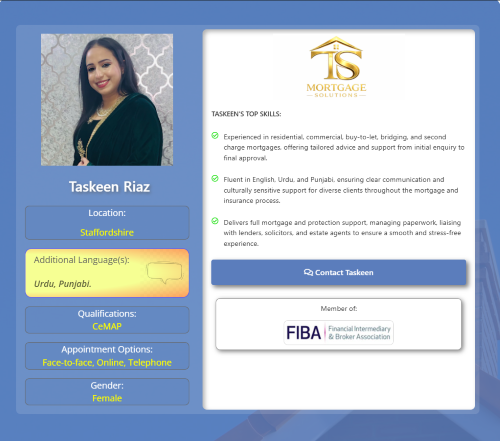 Profile card for Taskeen Riaz of TS Mortgage Solutions, showing her portrait, location Staffordshire, languages Urdu and Punjabi, CeMAP qualification, appointment options, and top skills in mortgage advice. Why Move to Staffordshire
