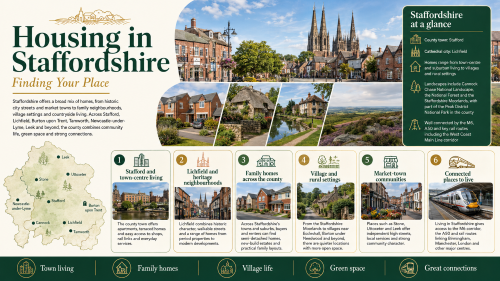 A Staffordshire housing infographic titled “Housing in Staffordshire”, showing a county map with Stafford, Lichfield, Burton upon Trent, Tamworth, Newcastle-under-Lyme, Leek, Cannock, Stone and Uttoxeter, alongside housing options including town-centre living, heritage neighbourhoods, family homes, village and rural settings, market-town communities and connected places to live. Why Move to Staffordshire
