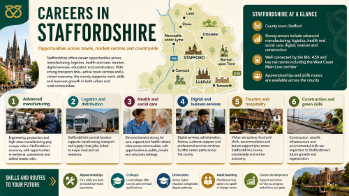 A Staffordshire careers infographic titled “Careers in Staffordshire”, showing a county map with Stafford, Lichfield, Tamworth, Cannock, Burton upon Trent, Newcastle-under-Lyme, Leek, Stone and Uttoxeter, alongside career sectors including advanced manufacturing, logistics, health and social care, digital and business services, tourism, hospitality, construction and green skills. Why Move to Staffordshire