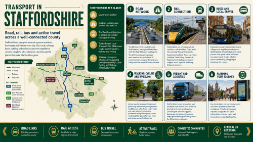 A Staffordshire transport infographic titled “Transport in Staffordshire”, featuring a county map with Stafford, Newcastle-under-Lyme, Stone, Leek, Uttoxeter, Burton upon Trent, Cannock, Lichfield and Tamworth, plus information panels on the road network, rail connections, buses and local travel, walking and cycling, freight and logistics, and journey planning. Why Move to Staffordshire