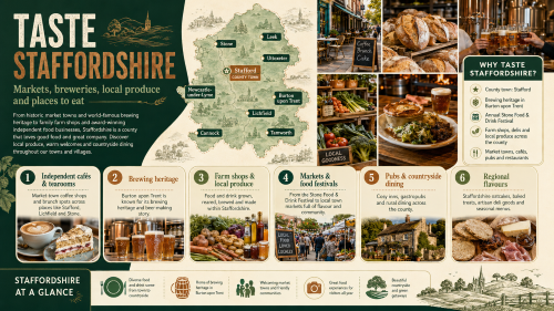 A Staffordshire food and drink infographic titled “Taste Staffordshire”, featuring a county map with Stafford, Stone, Leek, Uttoxeter, Newcastle-under-Lyme, Burton upon Trent, Lichfield, Tamworth and Cannock, alongside highlights including cafés and tearooms, Burton’s brewing heritage, farm shops and local produce, the Stone Food and Drink Festival, pubs and countryside dining, and regional flavours such as Staffordshire oatcakes. Why Move to Staffordshire