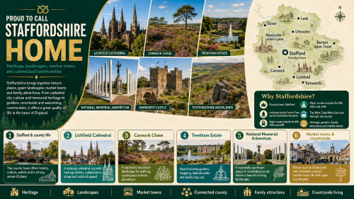 A Staffordshire home infographic titled “Proud to Call Staffordshire Home”, featuring a county map with Stafford, Lichfield, Tamworth, Cannock, Burton upon Trent, Leek, Stone, Newcastle-under-Lyme and Uttoxeter, alongside highlights including Lichfield Cathedral, Cannock Chase, Trentham Estate, the National Memorial Arboretum, Tamworth Castle, Staffordshire Moorlands, market towns and countryside living. Why Move to Staffordshire