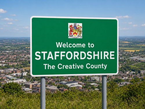 Welcome to Staffordshire road sign with the Staffordshire crest, set on a hillside overlooking towns, countryside, fields, and open sky. Why Move to Staffordshire