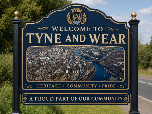 Welcome to Tyne and Wear road sign featuring gold lettering, a crest, and an aerial view of the River Tyne with bridges and surrounding cityscape. Why Move to Tyne and Wear