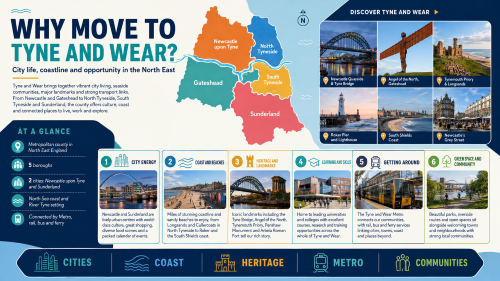A Tyne and Wear infographic titled “Why Move to Tyne and Wear?”, featuring a colour-coded map of Newcastle upon Tyne, Gateshead, North Tyneside, South Tyneside and Sunderland, with photo highlights of the Tyne Bridge, Angel of the North, Tynemouth Priory, Roker Pier, South Shields coast and Grey Street, plus sections on city life, beaches, heritage, learning, transport and community. Why Move to Tyne and Wear