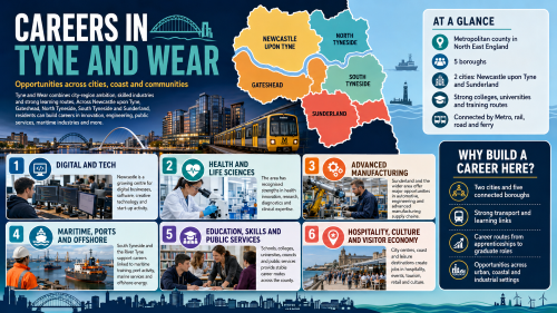 A Tyne and Wear careers infographic titled “Careers in Tyne and Wear”, showing a colour-coded map of Newcastle upon Tyne, Gateshead, North Tyneside, South Tyneside and Sunderland, with career sectors including digital and tech, health and life sciences, advanced manufacturing, maritime, ports and offshore, education, public services, hospitality, culture and the visitor economy. Why Move to Tyne and Wear