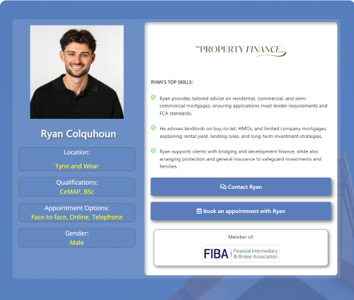 A profile card for Ryan Colquhoun, a male mortgage adviser based in Tyne and Wear, showing his headshot, qualifications as CeMAP, BSc, appointment options for face-to-face, online and telephone meetings, and top skills covering residential, commercial, semi-commercial, buy-to-let, HMOs, limited company mortgages, bridging finance, development finance, protection and general insurance. Why Move to Tyne and Wear