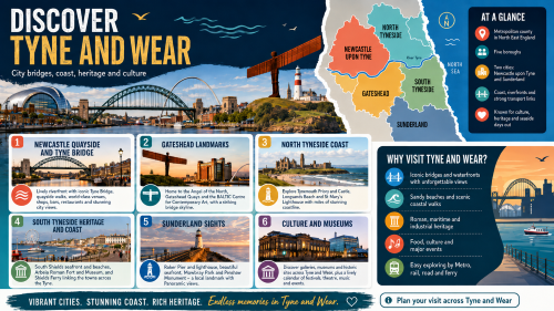 A Tyne and Wear tourism infographic titled “Discover Tyne and Wear”, featuring a colour-coded map of Newcastle upon Tyne, Gateshead, North Tyneside, South Tyneside and Sunderland, with highlights including Newcastle Quayside and the Tyne Bridge, Gateshead landmarks, the North Tyneside coast, South Tyneside heritage, Sunderland sights, and cultural attractions, plus reasons to visit such as bridges, beaches, heritage, events and easy transport links. Why Move to Tyne and Wear