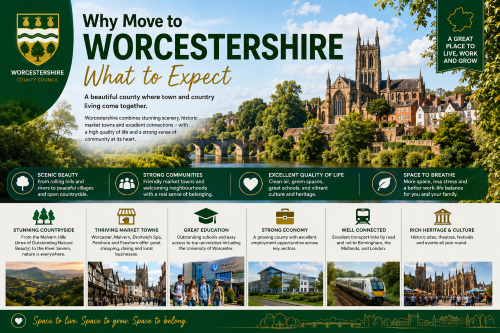 Infographic titled “Why Move to Worcestershire: What to Expect”, showing Worcester Cathedral beside the River Severn, green countryside, historic market towns and key lifestyle benefits. The graphic highlights scenic beauty, strong communities, quality of life, space to breathe, education, employment, transport links and Worcestershire’s heritage and culture.