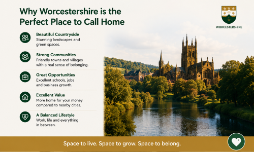 “Why Move to Worcestershire lifestyle guide highlighting why Worcestershire is the perfect place to call home, featuring beautiful countryside, strong communities, excellent opportunities, great value housing, and a balanced lifestyle beside scenic rivers and historic landmarks.”