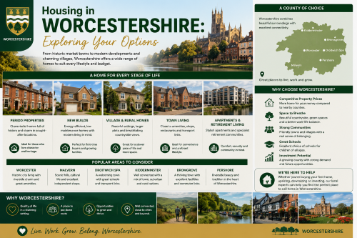 Infographic titled “Housing in Worcestershire: Exploring Your Options”, with the description “Why Move to Worcestershire” highlighting the county’s range of homes, from period properties and new builds to village homes, town living, apartments and retirement communities. The graphic shows Worcester Cathedral, a Worcestershire map, popular areas including Worcester, Malvern, Droitwich Spa, Kidderminster, Bromsgrove and Pershore, and reasons to choose the county such as green space, strong communities, schools, value and transport links.