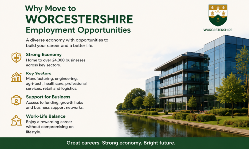 “Why Move to Worcestershire employment opportunities promotional graphic featuring modern office buildings beside a river, highlighting a strong economy, key business sectors, support for businesses, and work-life balance in Worcestershire.”