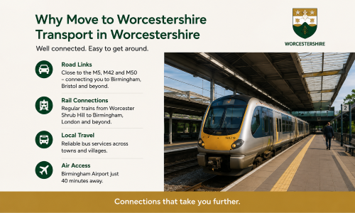 “Why Move to Worcestershire transport guide highlighting road links, rail connections, local travel, and airport access in Worcestershire, featuring a modern train station and excellent regional connectivity.”
