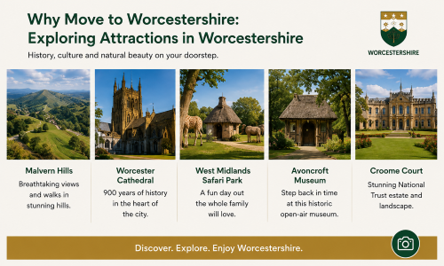 “Why Move to Worcestershire attractions guide showcasing popular attractions in Worcestershire, including the Malvern Hills, Worcester Cathedral, West Midlands Safari Park, Avoncroft Museum, and Croome Court, highlighting the county’s history, culture, and natural beauty.”