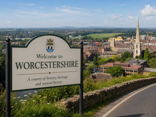 Welcome to Worcestershire road sign beside a country road, overlooking Worcester, the River Severn, bridges, church spires and green countryside. Why Move to Worcestershire