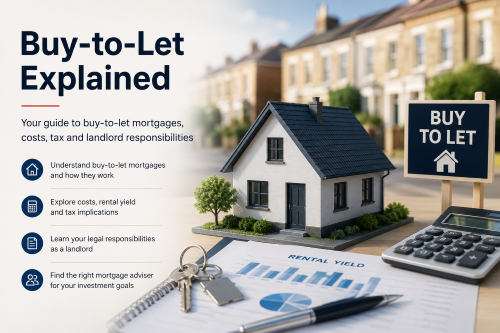 Buy-to-let Explained: Buy-to-let property model with rental yield documents, calculator and keys, explaining landlord mortgage costs, tax and responsibilities.