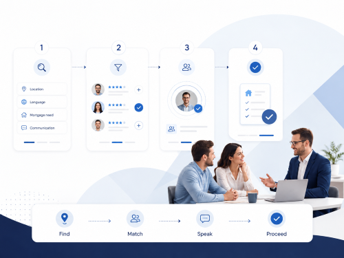 Visual user journey showing how Connect Experts helps users find, match, speak with and proceed with a suitable mortgage adviser based on location, language, mortgage need and communication preference. Connect Experts