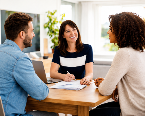 Mortgage adviser meeting with two clients at a table, reviewing documents in a bright office setting. Connect Experts
