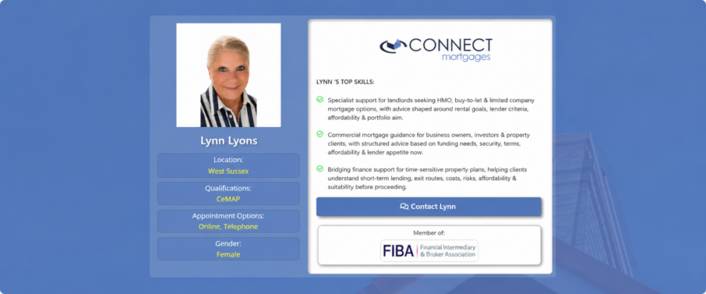Mortgage Adviser in Chichester Lynn Lyons, mortgage adviser in West Sussex, profile card showing CeMAP qualification, online and telephone appointments, and specialist mortgage support. Mortgage Adviser in Chichester
