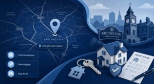 Mortgage Adviser in Erdington hero image featuring a stylised Erdington map, location pin, local landmark, house, keys, and mortgage guidance icons in dark and light blue.