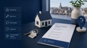 Mortgage Adviser in Gravesend hero image showing a model house, keys, and a mortgage brochure on a blue desk, with icons for residential mortgages, buy to let, remortgage, protection, and local mortgage support in Gravesend.