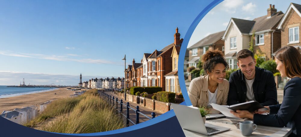 Mortgage Adviser in Great Yarmouth hero image showing a coastal town, residential homes and a mortgage advice meeting with clients