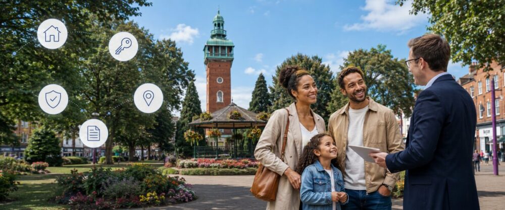 Mortgage adviser in Loughborough meeting a family near Queen’s Park and the Carillon Tower, with mortgage icons for home, location and documents.