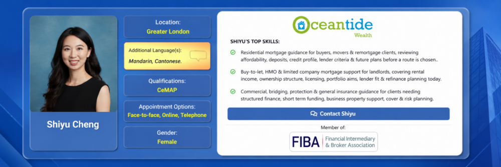 Shiyu Cheng mortgage adviser profile card showing her photo, Greater London location, Mandarin and Cantonese language support, CeMAP qualification, appointment options, and mortgage advice skills.