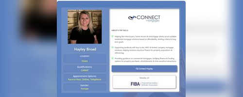 Mortgage Adviser in Rainham Hayley Broad mortgage adviser profile image showing her photo, Essex location, CeMAP qualification, appointment options, and top mortgage advice skills. Mortgage Adviser in Rainham