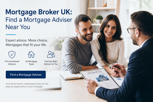Mortgage broker advising a couple on UK mortgage options with text promoting finding a mortgage adviser near you.