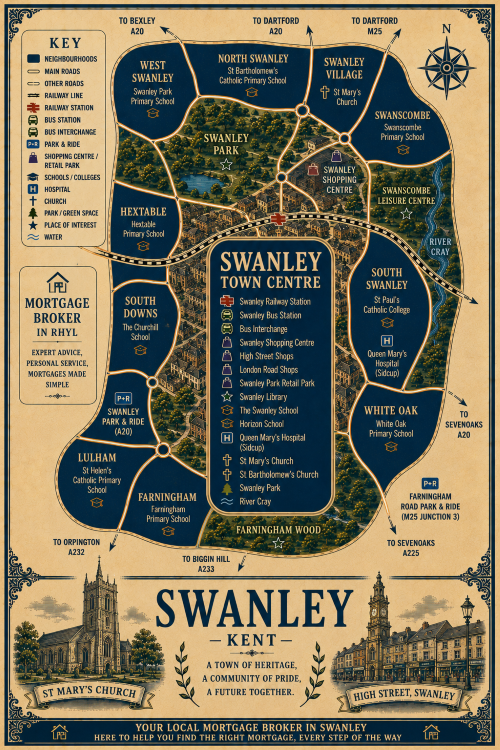 Mortgage Broker in Swanley Vintage illustrated map poster of Swanley, Kent, designed for a Mortgage Broker in Swanley, with a cream parchment background and dark navy neighbourhood areas centred on Swanley Town Centre. The map shows labelled roads, railway line, Swanley Railway Station, Swanley Bus Station, bus interchange, park and ride, shopping centres, schools, hospital, churches, parks, green spaces and the River Cray. Surrounding areas include West Swanley, North Swanley, Swanley Village, Swanscombe, Hextable, South Downs, Lulham, Farningham, South Swanley and White Oak. Key landmarks include Swanley Shopping Centre, High Street shops, London Road shops, Swanley Park Retail Park, Swanley Library, The Swanley School, Horizon School, St Mary’s Church, St Bartholomew’s Church, Swanley Park, Farningham Wood and Queen Mary’s Hospital. A decorative lower panel reads “SWANLEY, KENT” with engraved-style illustrations of St Mary’s Church and High Street Swanley, plus the subtitle “A town of heritage, a community of pride, a future together.” The poster also includes a promotional message for a local Mortgage Broker in Swanley, offering expert advice, personal service and support with finding the right mortgage.