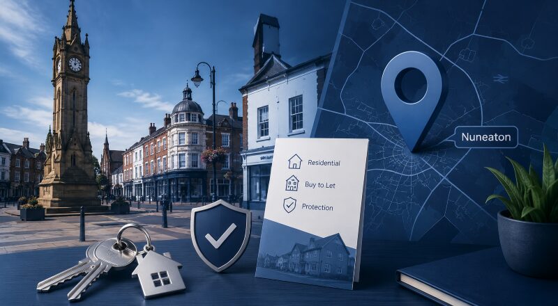 Mortgage Adviser in Nuneaton with local town centre, property keys, mortgage protection icons and a Nuneaton location map.