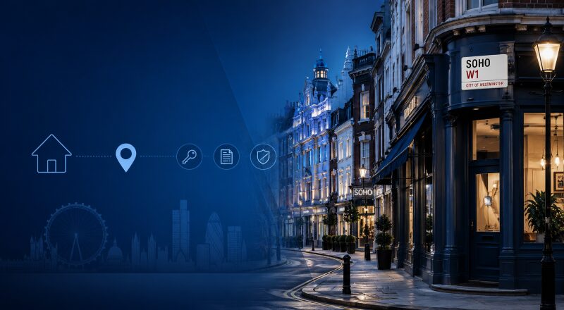 Mortgage Adviser in Soho with a blue-toned Soho streetscape, London skyline and mortgage-related icons.