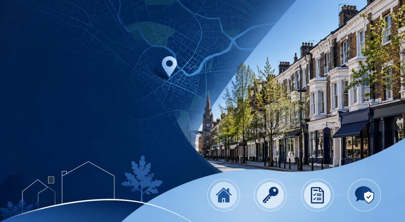 Mortgage Adviser in Walthamstow location graphic featuring local terraced homes, a street map, property icons and a location pin.