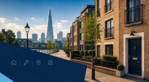 Mortgage Broker in Bermondsey with modern riverside homes and the London skyline featuring The Shard.