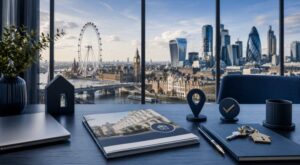 Mortgage Broker in Central London office setting with London skyline, property documents, house keys and location icons.