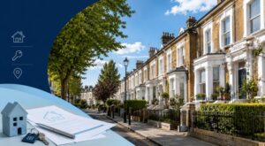 Mortgage Broker in Holloway hero image featuring a sunny North London street with Victorian terraced homes and subtle property icons.