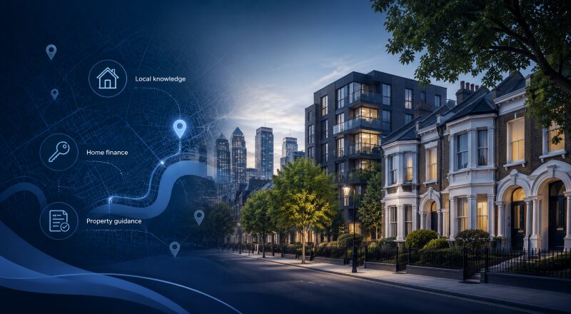 Mortgage Broker in North East London with local property, home finance and location icons.