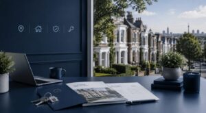 Mortgage Broker in North West London workspace overlooking a leafy residential street, with house keys, mortgage documents and property icons in Connect’s blue brand colours.